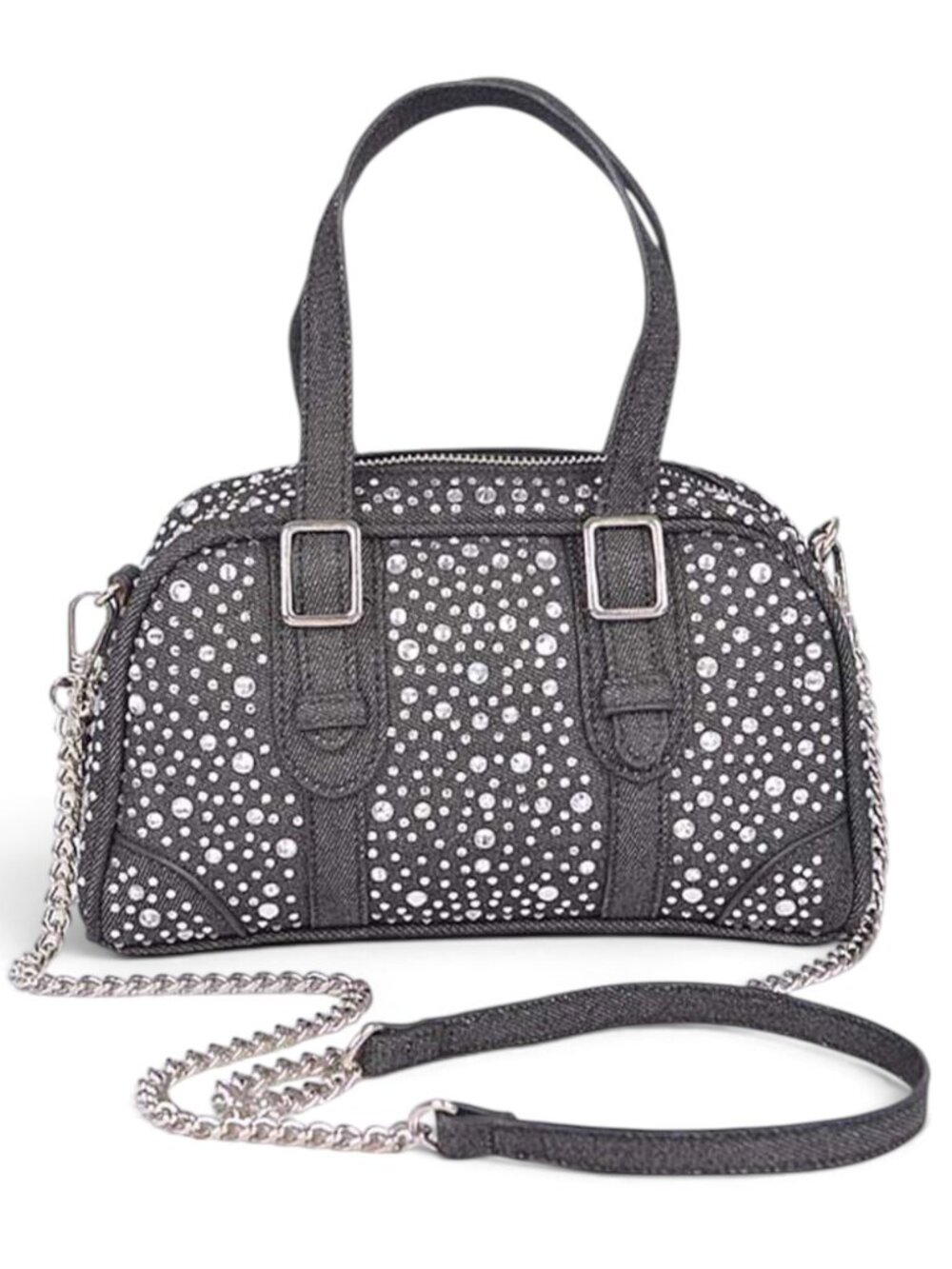 BNWT Rhinestone Studs Black Denim Top Handle Convertible Bowling Bag Boston Bag